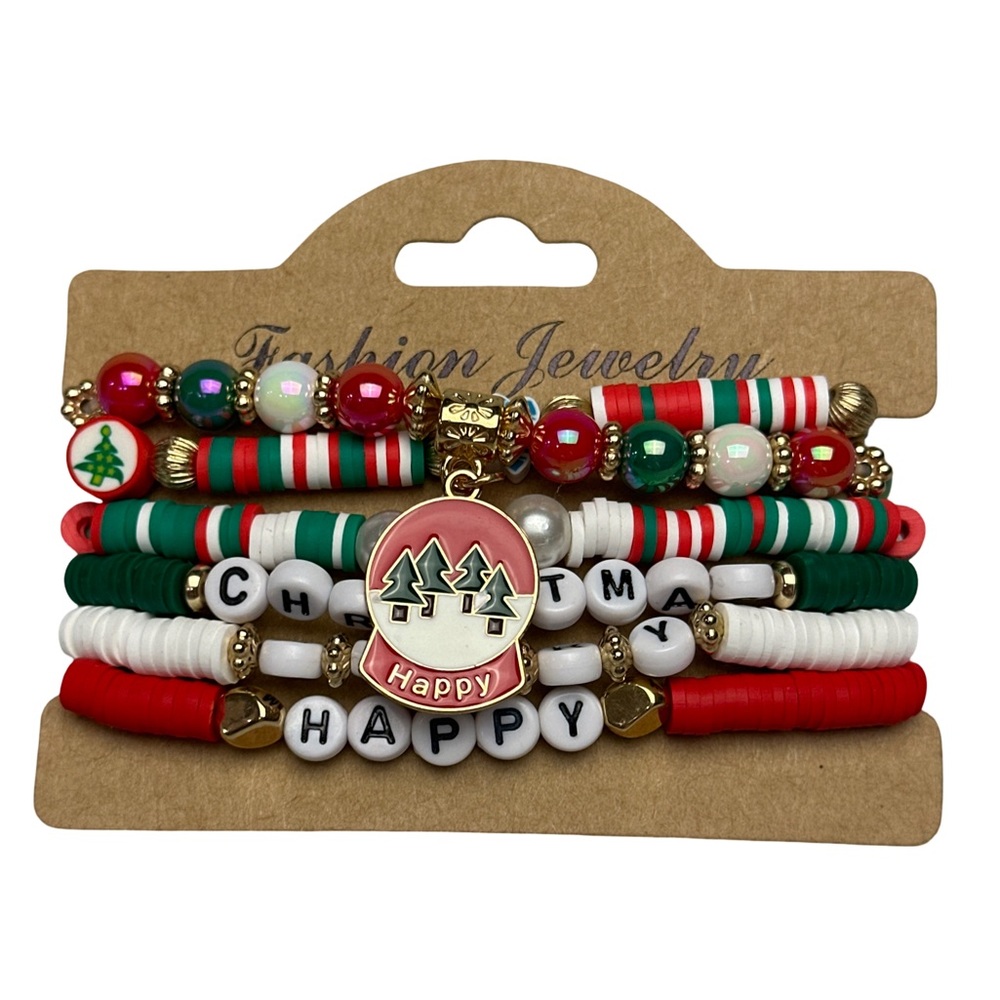 NEW Festive Christmas Stretchy Bracelet Set Red Green White Beaded Holiday Charm